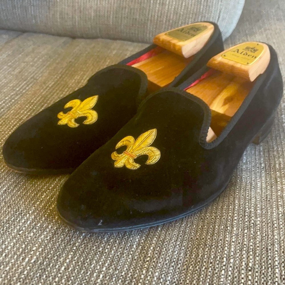 Sulka Black Velvet English Slippers w/ Crown Bullion Crest Size UK 8 D US 8.5 D